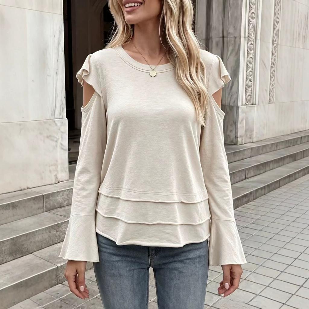 Women's Fashion Casual Long Sleeve Top with Off-Shoulder Ruffle and Hem