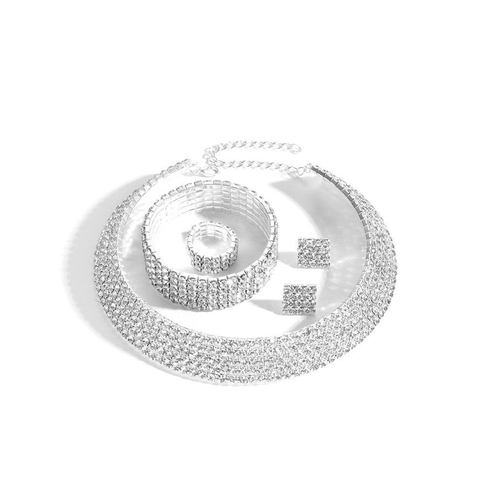 4Pcs Multilayer Necklace Bracelet Earring Ring Set Shiny Rhinestone Choker Bridal Jewelry Set Women