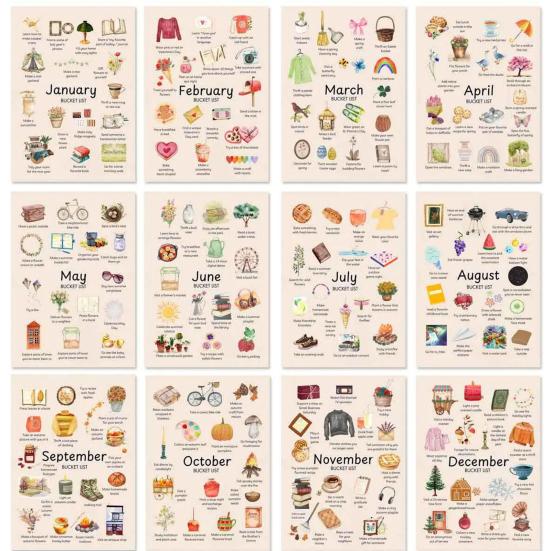 Yousheng 2026 Bucket-List-Kalender 12 Monats-Bucket-List-Wandkalender Spiralbindung Kunstplaner Notizbuch mit illustrierten Seiten Geschenk für Freunde