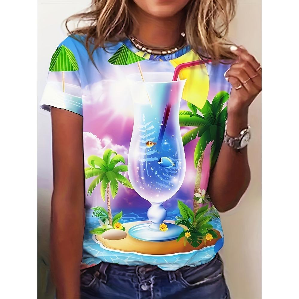 2025 New Summer Women's Black and White Swan Print T-shirt Round Neck Short Sleeve Street Casual Daily Basic Tops
