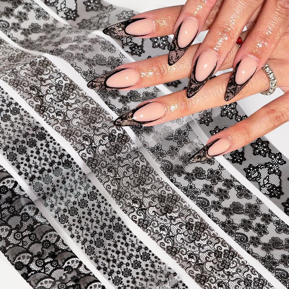 10pcs Elegant Black White Lace Flowers Nail Transfer Foils Stickers Black And White Sexy Lace DIY Charms Nail Art Decoration
