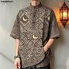 Men's Ethnic Moon Print Shirt Stand Collar Short Sleeve Irregular Hem Casual Tops