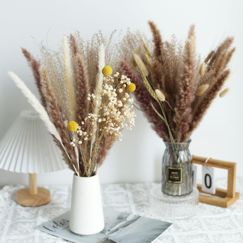 Nordic Style Mixed Dried Flower Bouquets with Reeds, Dusters, Golden Balls, and Lagurus Ornaments for Home Decor.