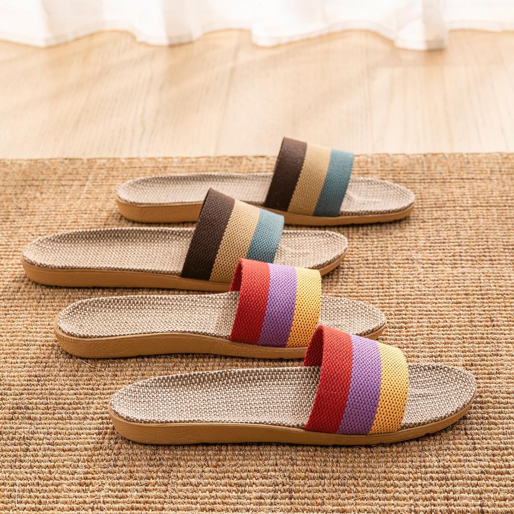 Summer Women Linen Slippers Lightweight Flat Home Slides Fashion Comfortable Non-slip Slippers Indoor Men Living Room Slippers