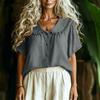 Women's Casual Short Sleeve Shirt Loose Fit Button Down Blouse with Ruffle Trim Collar Lightweight Summer Top
