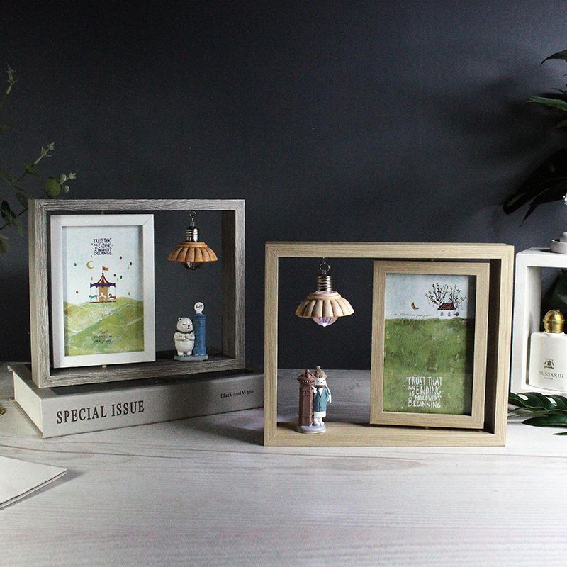 Nordic style personalized couple 6-inch double-sided photo rotating desk photo frame with LED light creative photo frame display