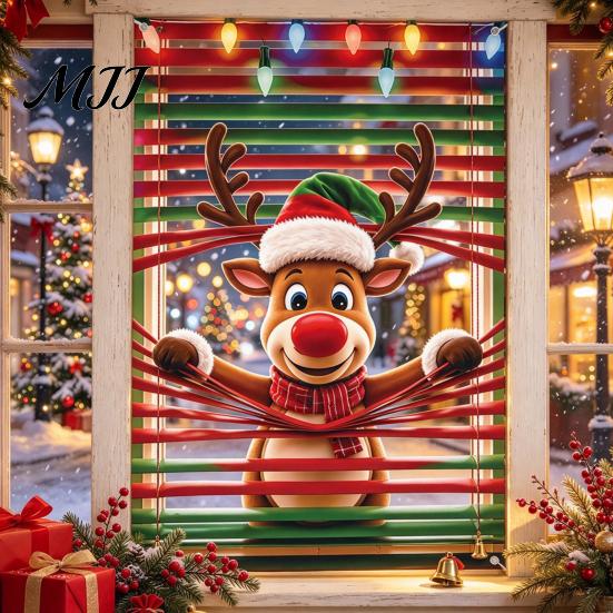 Durable Polyester Window Drapes Christmas Cover Banner with Santa Claus and Elk Patterns, Xmas Blackout Curtains for Peeking Ornament, Wall