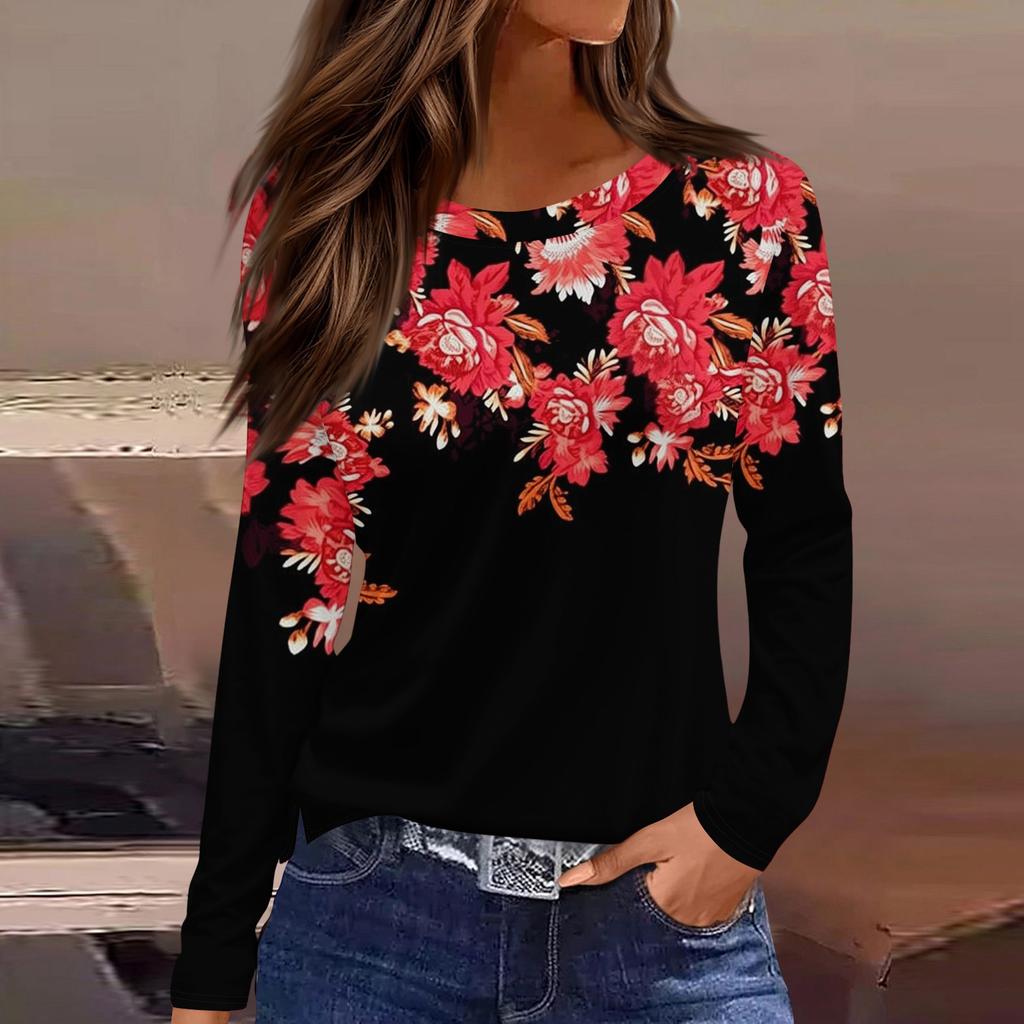 Dames casual T-shirt met split aan de zoom, ronde hals, lange mouwen en losse print.