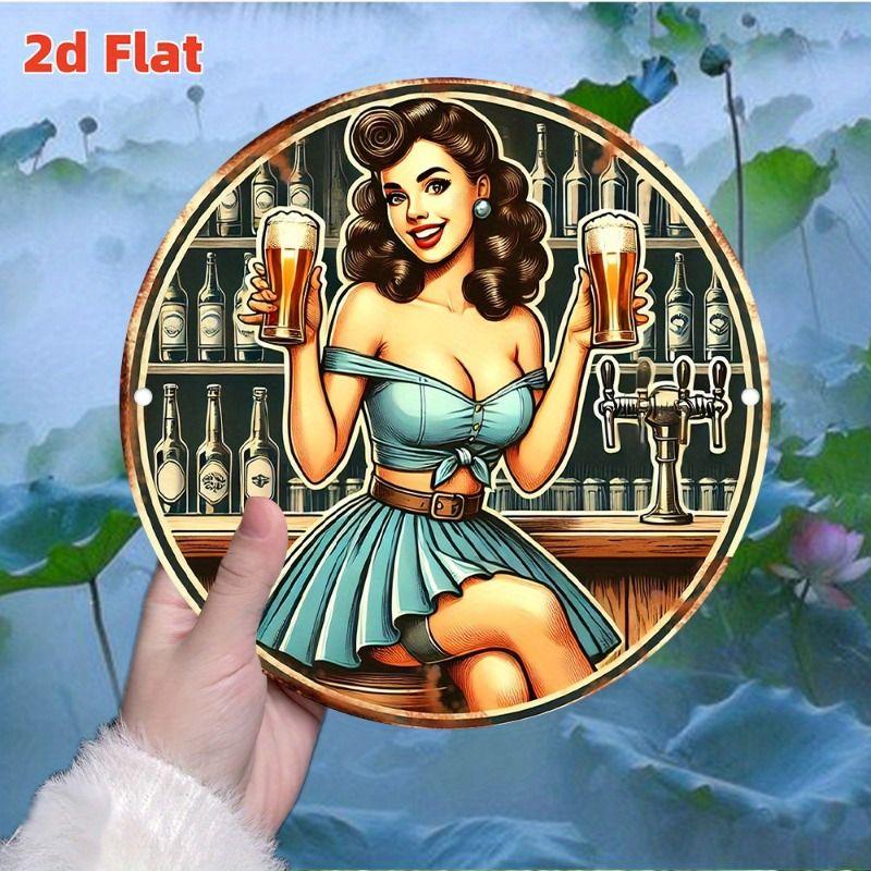 Retro Girl Tin Metal Logo Round Painting for Bar Restaurant