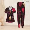 Women Plus Size V Neck Short Sleeve Scrub Set Black Base Red Gold Heart Glitter Print Nurse Uniform Set
