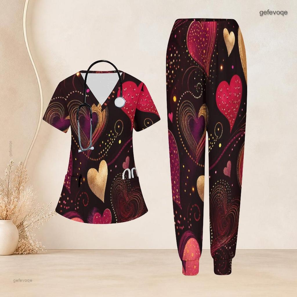 Women Plus Size V Neck Short Sleeve Scrub Set Black Base Red Gold Heart Glitter Print Nurse Uniform Set
