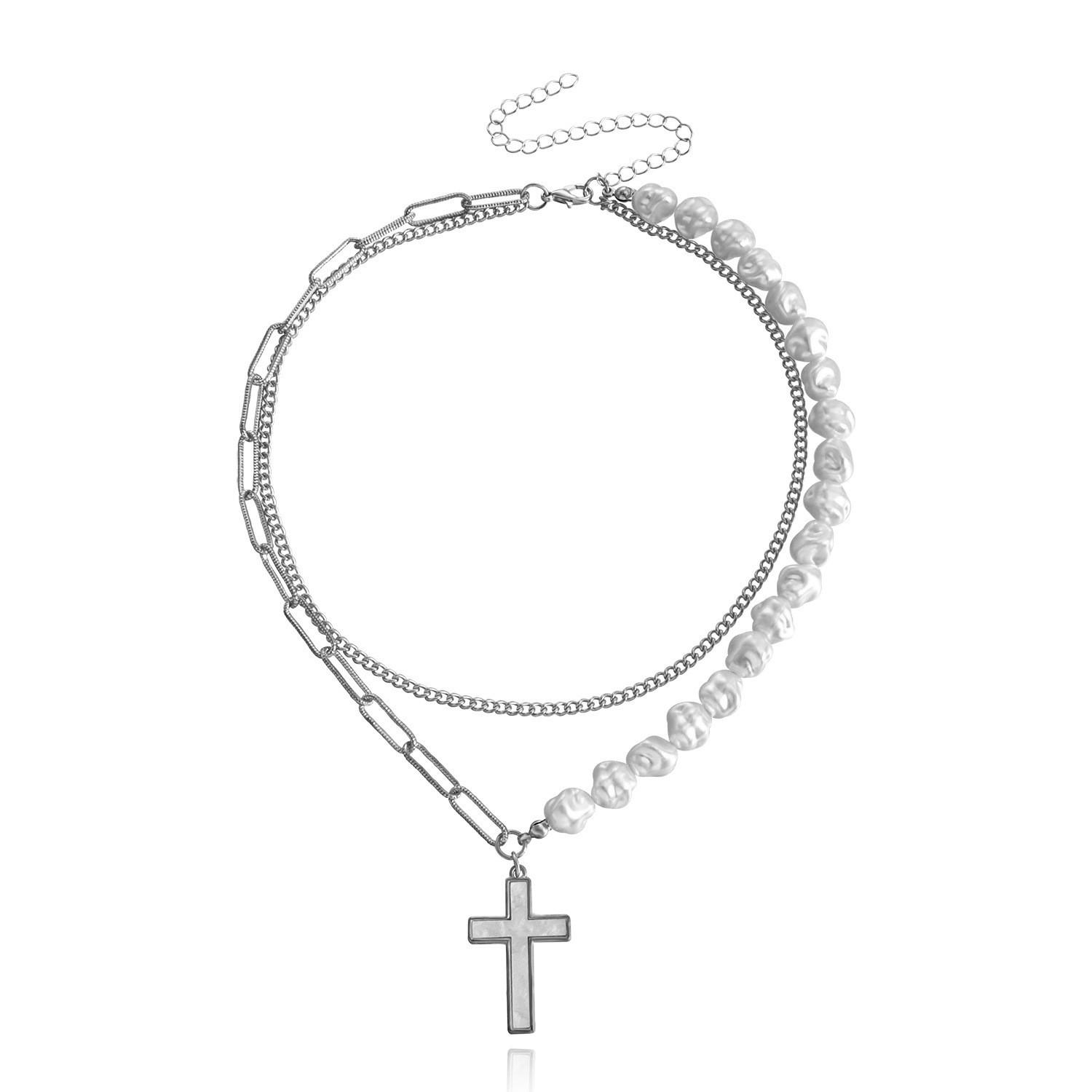 

European and American jewelry fashion trend double-layer splicing chain imitation pearl cross white fritillary pendant necklace women