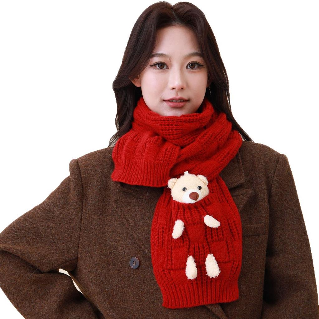 New Year's Christmas gift cute bear red scarf women's winter new warm versatile knitted wool scarf