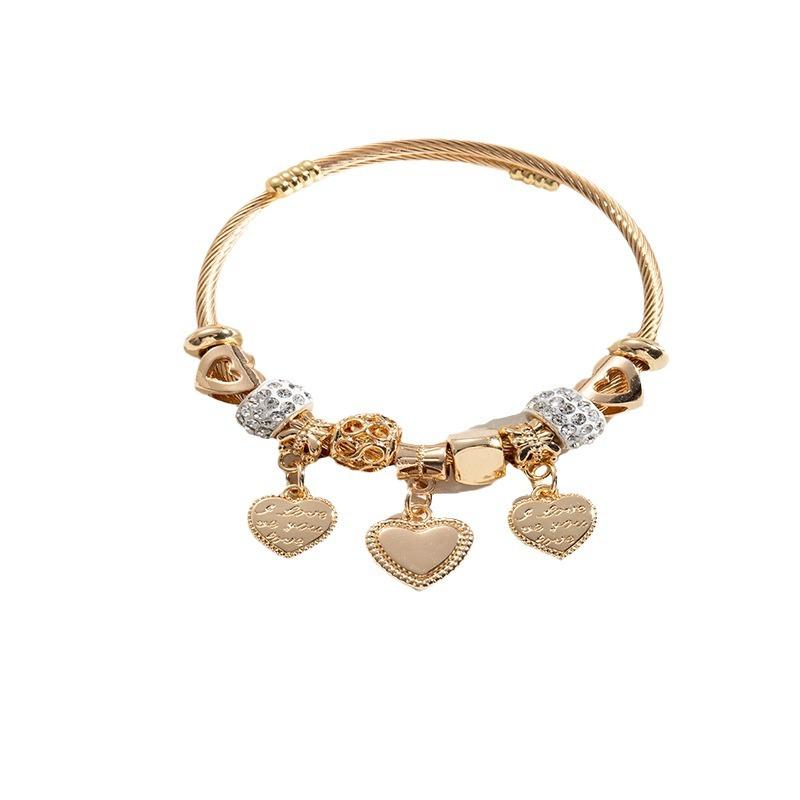 Handmade Beaded Bracelet With Heart Alloy Pendant And Stainless Steel Diamond Ball Beads