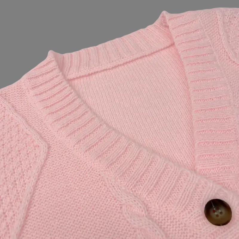 Women's Solid Color V-Neck Long Sleeve Knit Cardigan Jacquard Sweater for Autumn and Winter