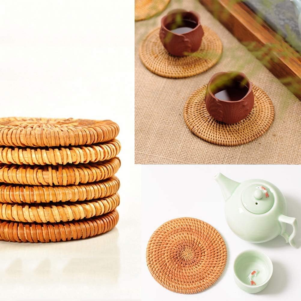 Rattan Coasters, Coasters Exotic Handmade Teacup Coasters Round Vitenam Rattan Coasters with Holder, Set of 7 (10CM)