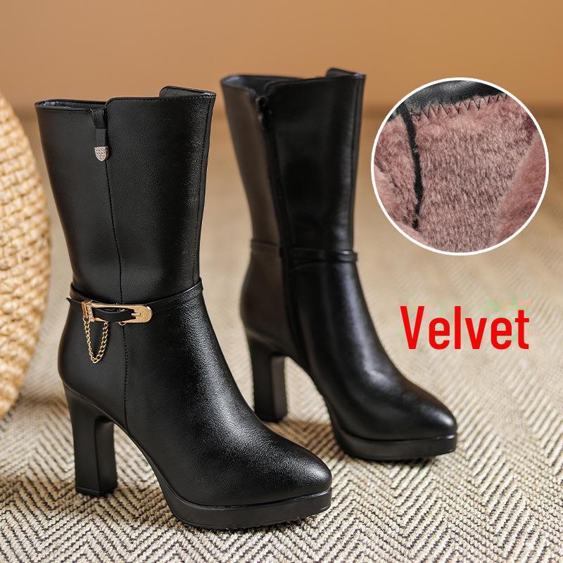 

Женские сапоги до середины икры на высоком каблуке - весна/осень 2023 года из бархатной кожи для мам среднего возраста YZL2386-1; 38 чёрный