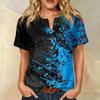 Women's Short Sleeve Linen Cotton Shirt Henley Button Neck Chest Pocket Casual Blouse with Artistic Print Pattern Lightweight Summer Top