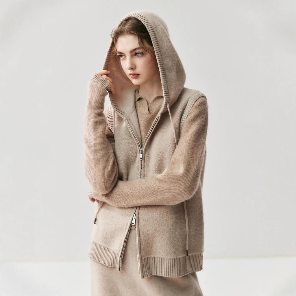 Women's Hooded Cashmere Knit Vest - Zippered, Sleeveless, Drawstring Cape for Autumn/Winter