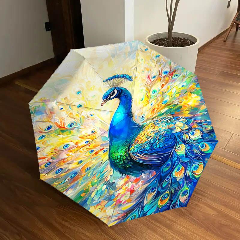 

Colorful Peacock Feather Print Automatic Opening/Closing Umbrella with Foldable Design, Outdoor for Fans, Travelers, Daily Use, Gift Idea112