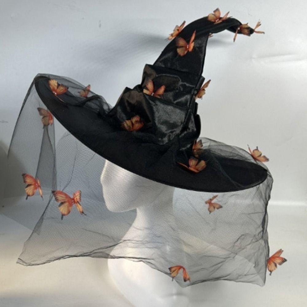 Funny Butterfly Wizard Cap Colorful Halloween Cap with Veil Halloween Witch Hat  Masquerade