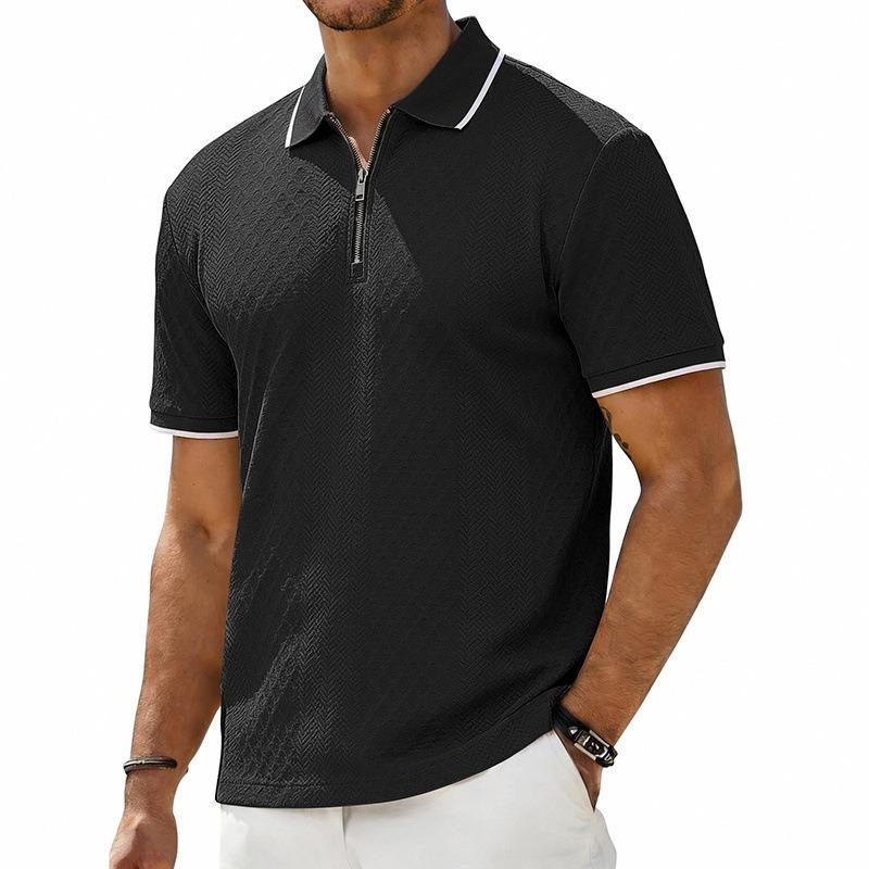 Men's Heavyweight Vintage Loose Jacquard Zip Short Sleeve Polo Shirt.