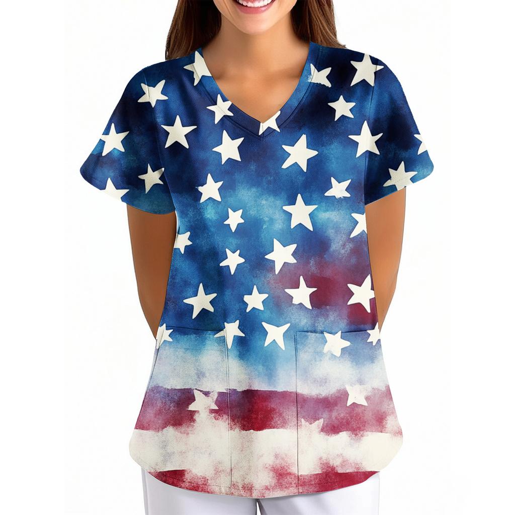 Women's Independence Day Printed Loose V-Neck Pocket Short-Sleeved  Clothing