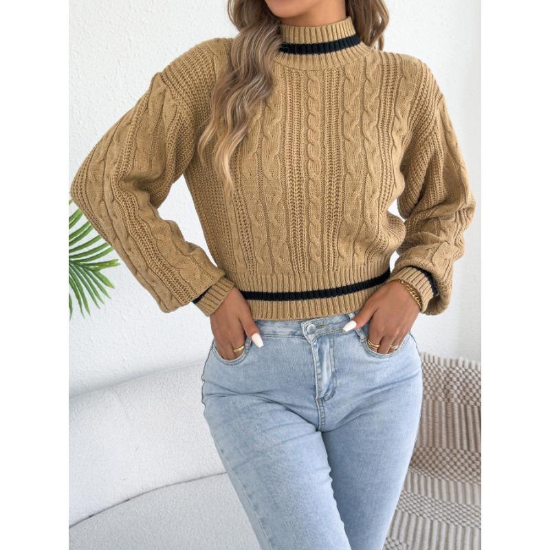 Women S Casual Color Block Half High Neck Waist Tightened Lantern Sleeve Sweater