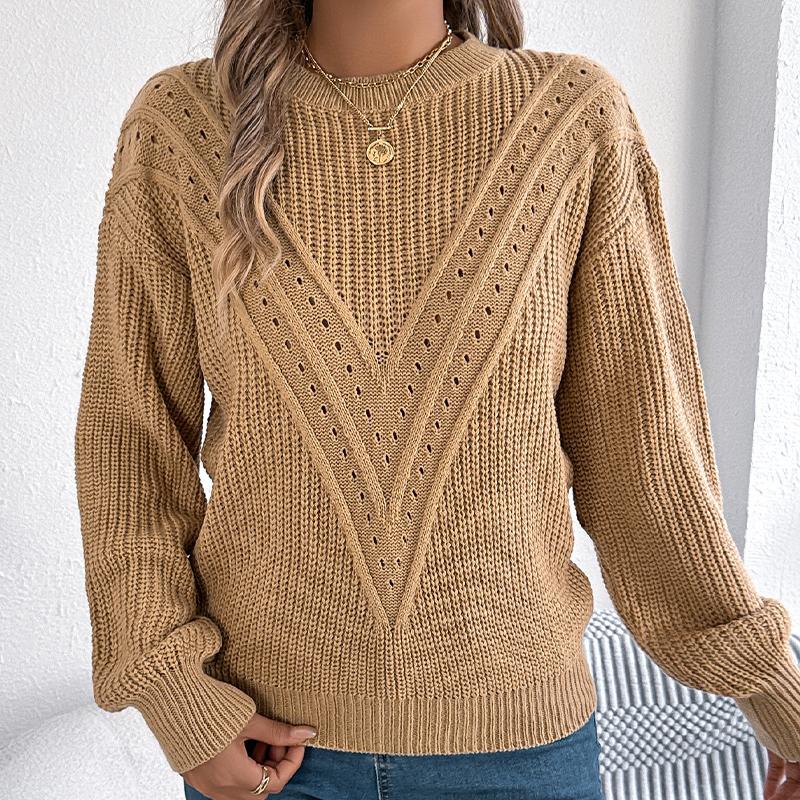 Women's Keyhole V-Neck Pullover with Puff Sleeves Solid Color Casual Knit Sweater