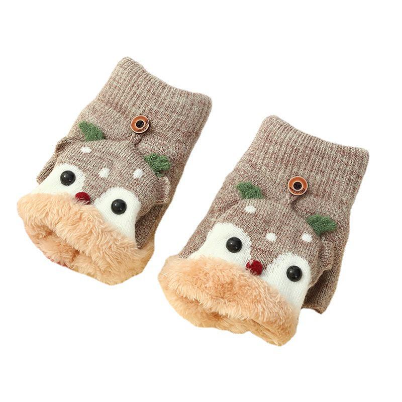 Korean-Style Cute Cartoon Fawn Flip Gloves for Students – Warm, Cold-Proof Gloves for Autumn and Winter Riding & Writing