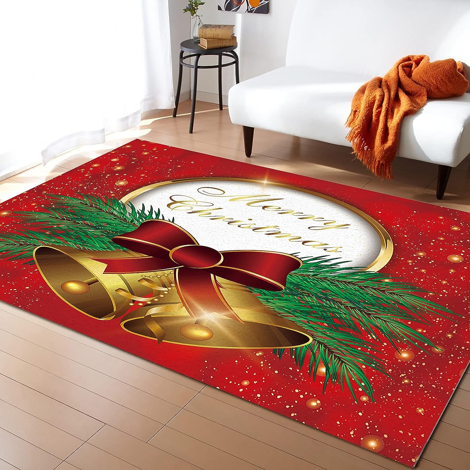 

Merry Christmas Golden Bells Red Bow Carpet Large Area Rugs Anti-slip Floor Mat for Living Room Bedroom Sofa Table Home Decor 40x60cm 16x24inch