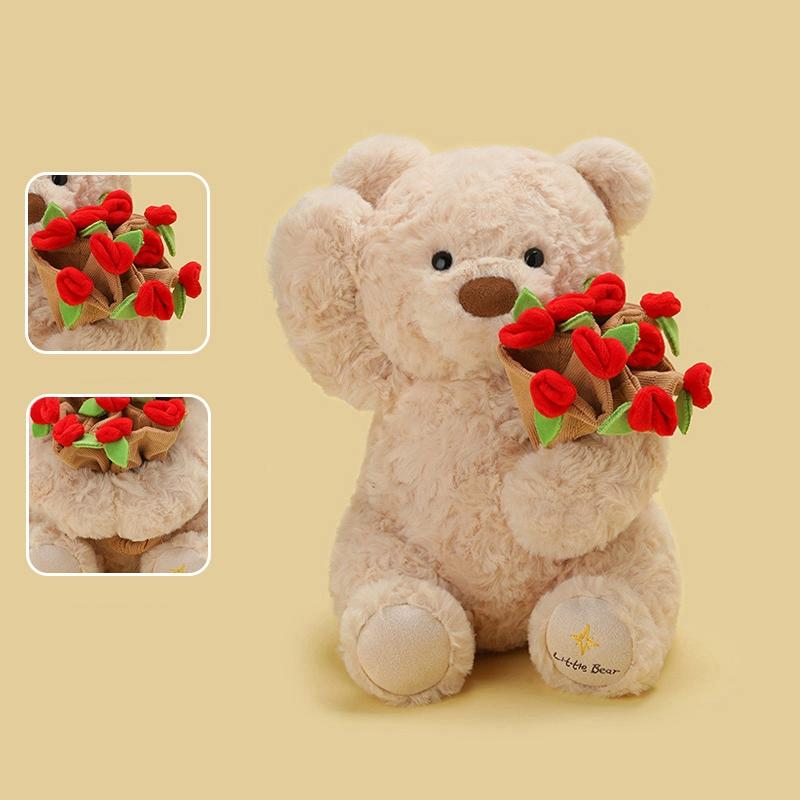 Valentine's Day Roses Teddy Bear Cartoon Animal Plush Toys 2 Colors Brown Bear Holding Roses Dolls Sweet Gift For Girls Lovers
