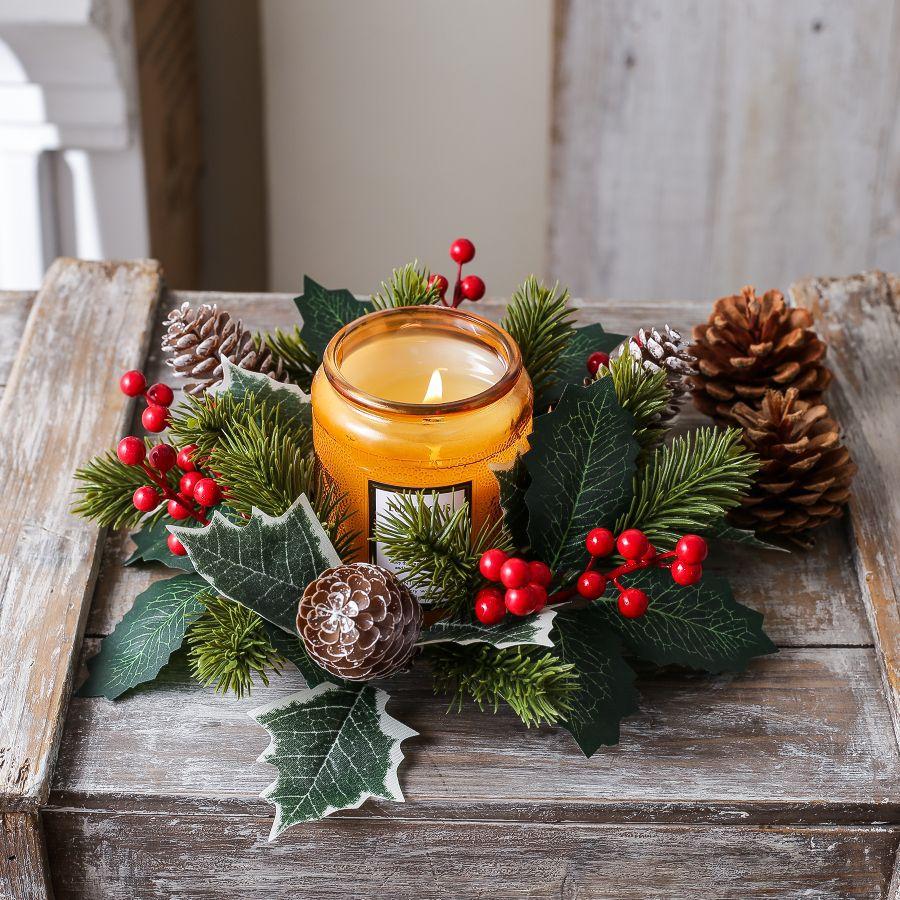 Christmas Candle Rings Table Decoration Christmas Wreath Candle Holder Ring Red Berries Table Centerpieces Candle Wreath