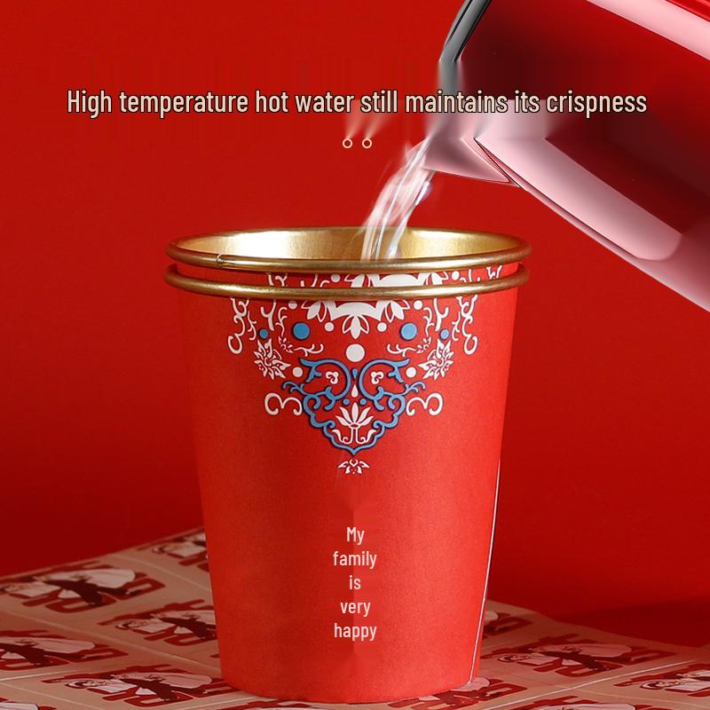 Disposable Gold Foil Wedding Tea Cups: Thickened Red Festive Collection