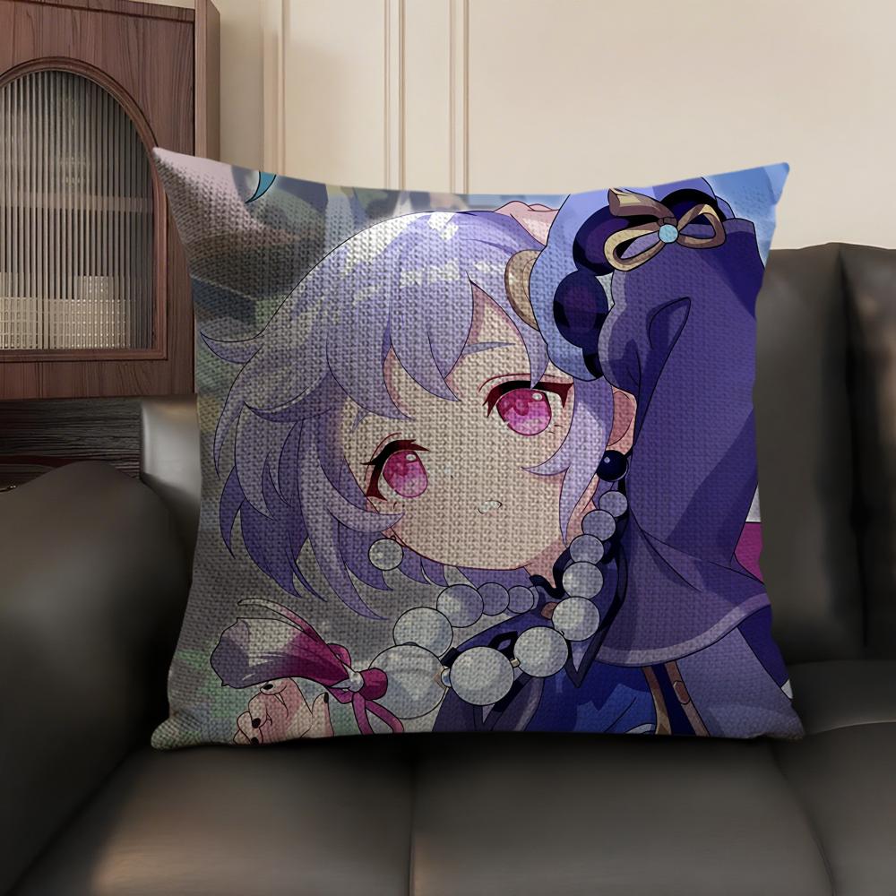 Qiqi Genshin Impact Cute Cushion Cover Natural Linen Organic Fabric DoubleSided Printing Sofa Home Decor Gift Pillow Case