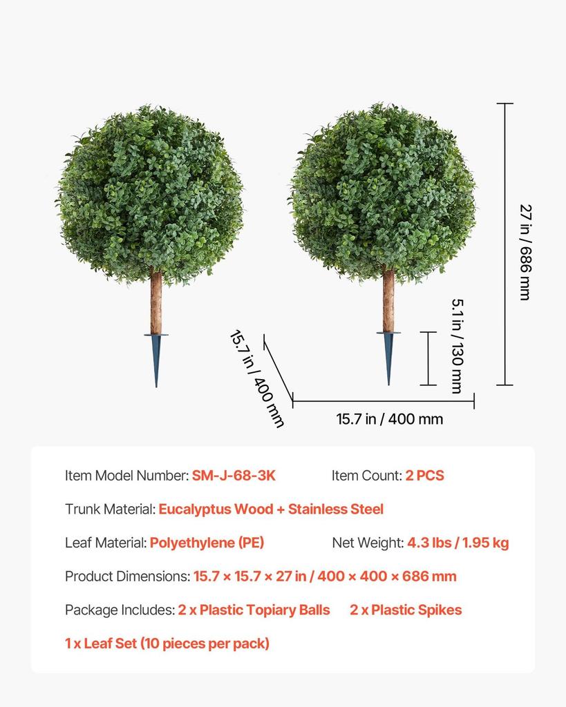 Artificial Topiary Boxwood Trees with Ground Spike, 2 Set 686mm Faux Shrubs & Bushes Potted Plants, Fake Silk Tree Look Real for Decor Front Porch