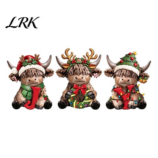 Wooden Holiday Tree Decorations 2/3Pcs Christmas Highland Cow Tabletop Sign, 2D Flat Yak Desktop Figurines Figurine Ornament with Garland Bow