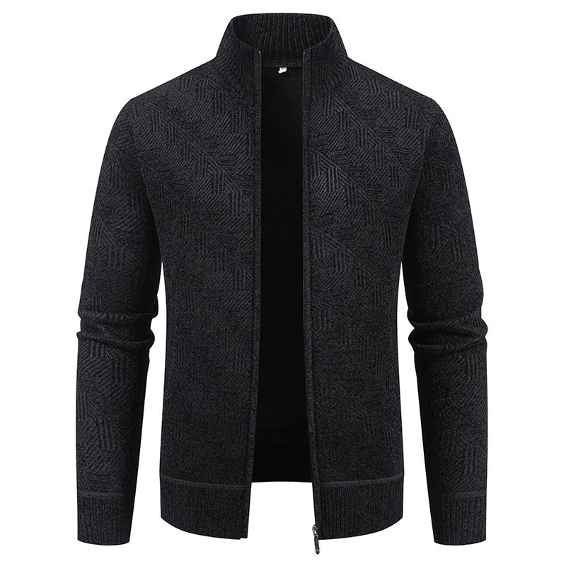 Men's Geometric Jacquard Knitted Cardigan Full Zip Stand Collar Sweater Jacket Autumn Winter Fleece Warm Knit Business Casual Outerwear