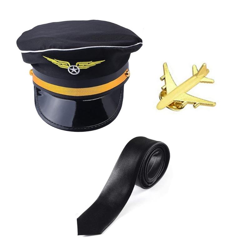 Flugkapitän-Kostüm für Erwachsene, Piloten-Cosplay-Accessoire, Uniform, Schulterklappen, Hut, Krawatte, Flugbegleiter-Rollenspiel-Outfit