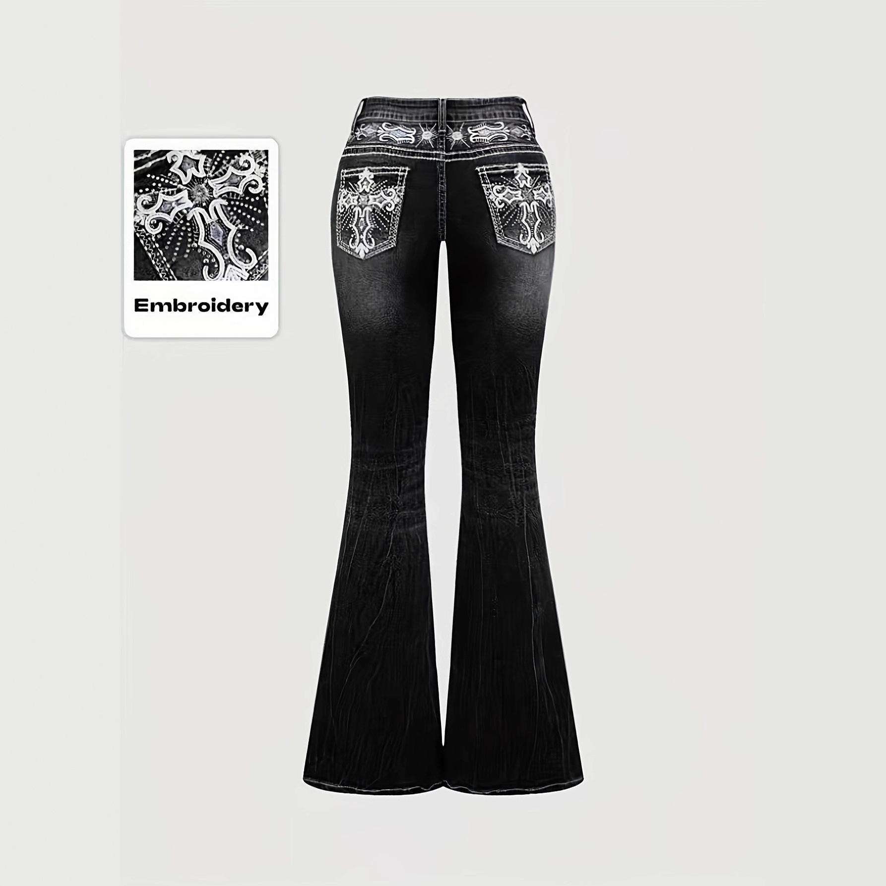 Трансграничные женские джинсы скинни микро-клеш, темно-синей стирки, с вышивкой на карманах, для похудения Small чёрный