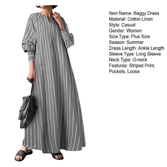 O-Neck Buttons Half Placket Baggy Dress Long Sleeves Pockets Ankle Length Women