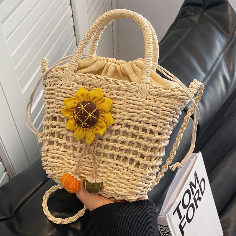 Women Straw Woven Handbag Daisy Flower Lace Bow Summer Beach Bag Small Tote Crossbody Boho Style Shoulder Bag
