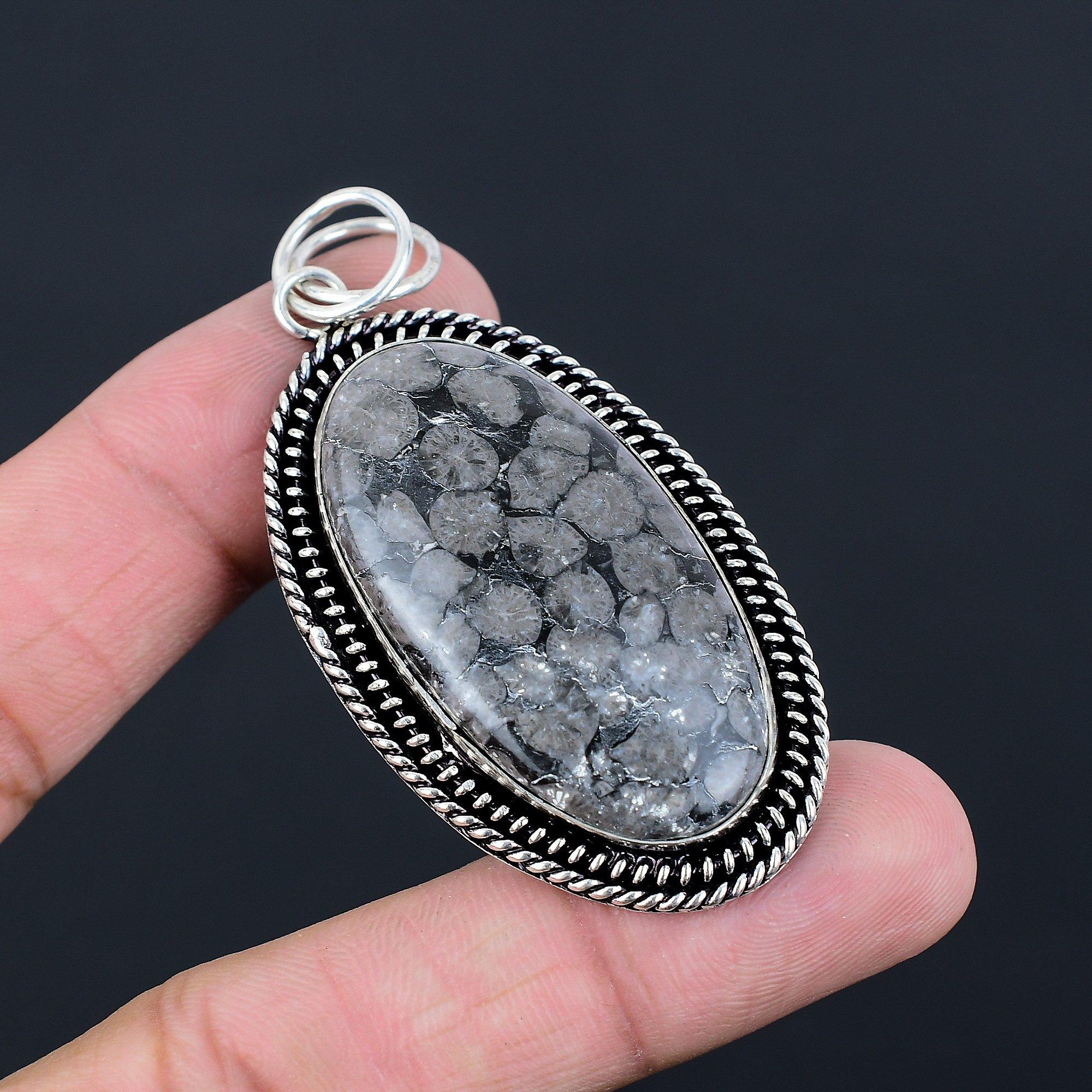 Natural Black Fossil Coral Sterling Silver Sister Root Chakra Pendant Jewelry