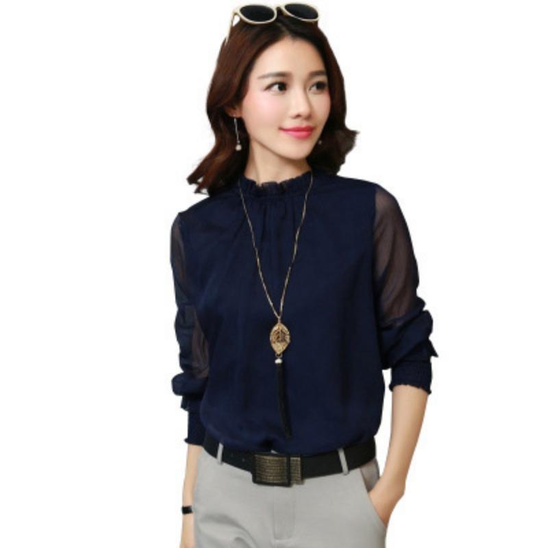 

Осенняя женская двухслойная шифоновая рубашка, модная и сексуальная, большого размера, с небольшим воротником-стойкой и оборками по краю, блузка сверху 3XL темно-синий