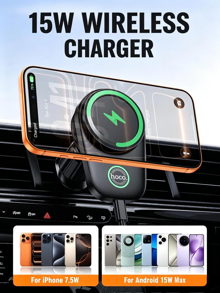 Hoco HW36 15W MagSafe Car Wireless Charger, Electric Rotating Air Vent Phone Mount