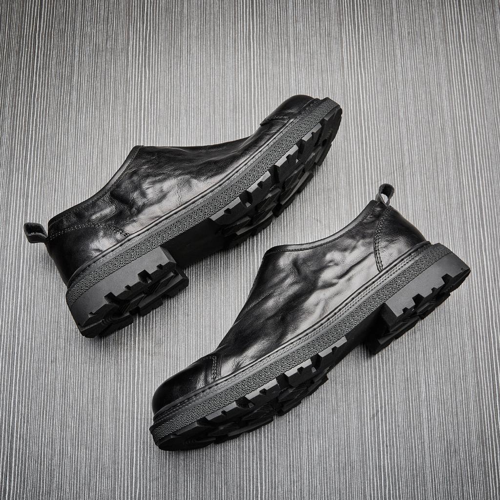 Men'S Business Casual Leather Round Head Small Leather Shoes Personalized Splicing Platform Zipper Green Cow Leather Shoes