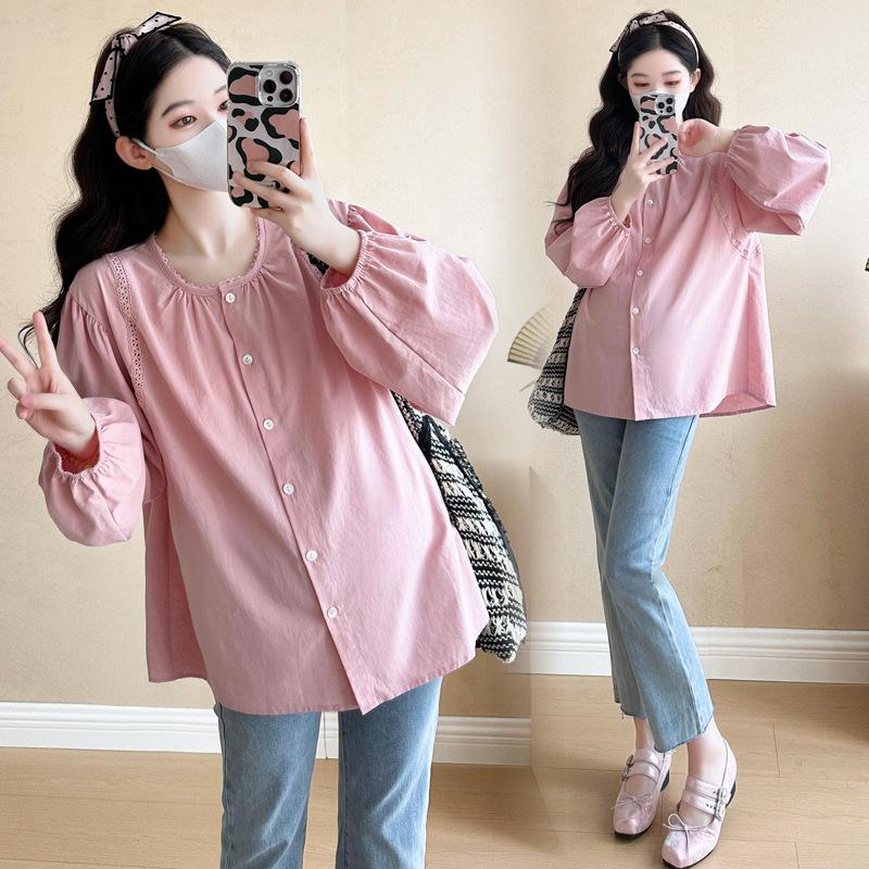 

2026 Spring Korean Style Maternity Blouse: Solid Color, Lace, Loose Fit for Gentle Slimming XL