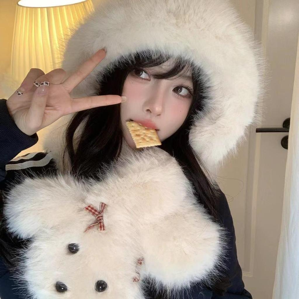 Women's Super Cute Bowknot Puppy Autumn Winter Warm Hat Scarf Integrated Face-Flattering Ear Protection Cute Hat
