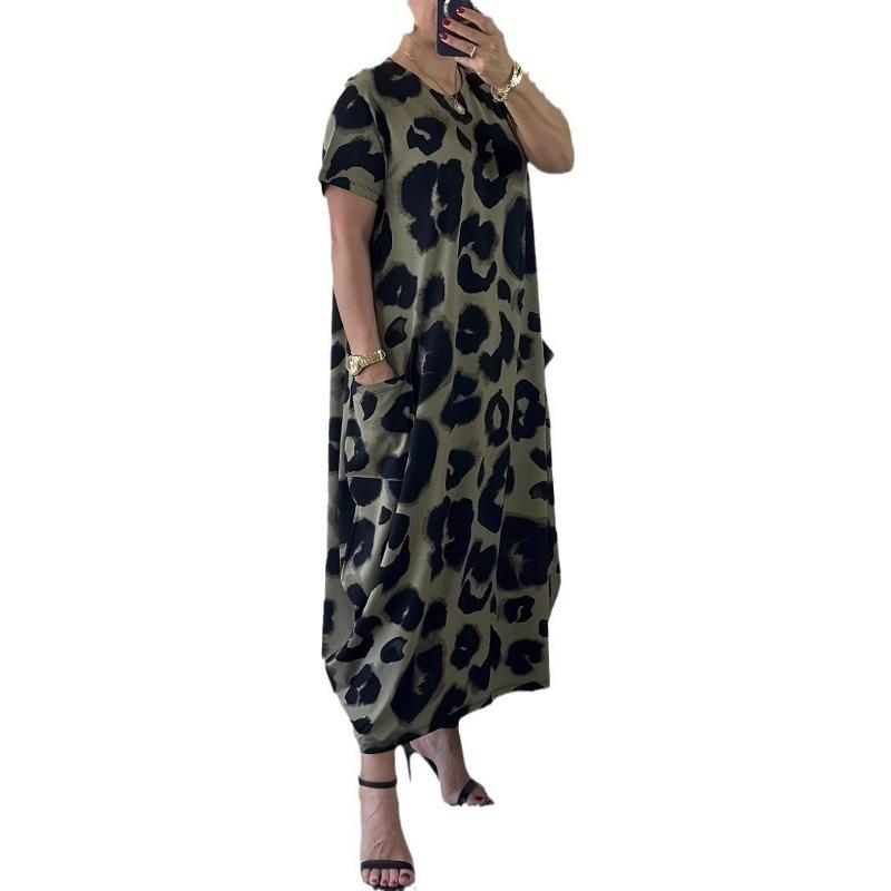 Womens Size Leopard New Plus Pocket Casual Loose Print Short Sleeved Dress