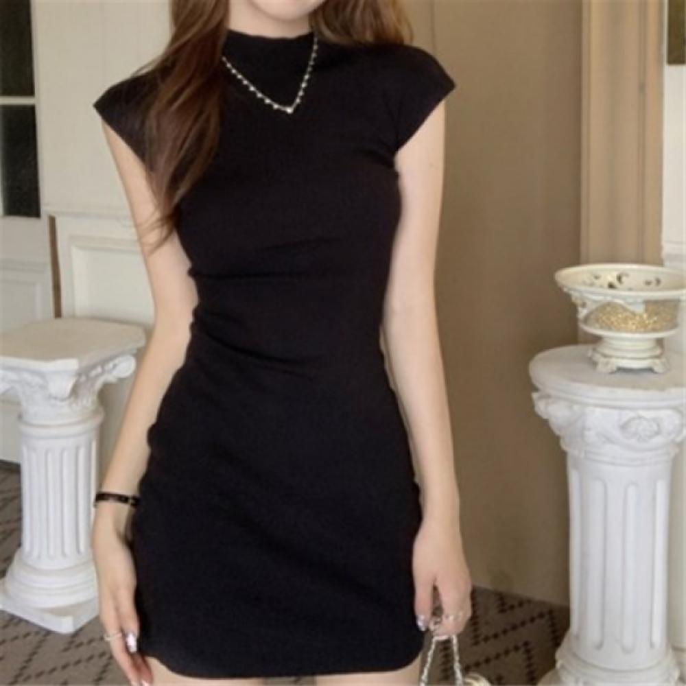 New Arrivals Open Run Women Slim Fit Half Neck Cap Sleeve Mini Dress